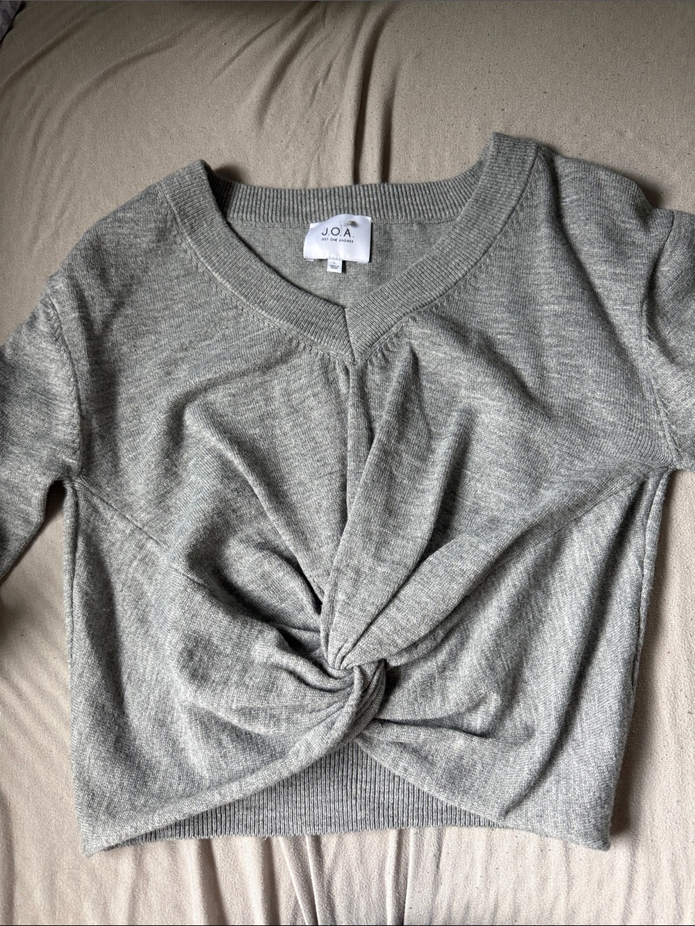 J.O.A. Light Gray Twist-Front V-Neck Knit Top